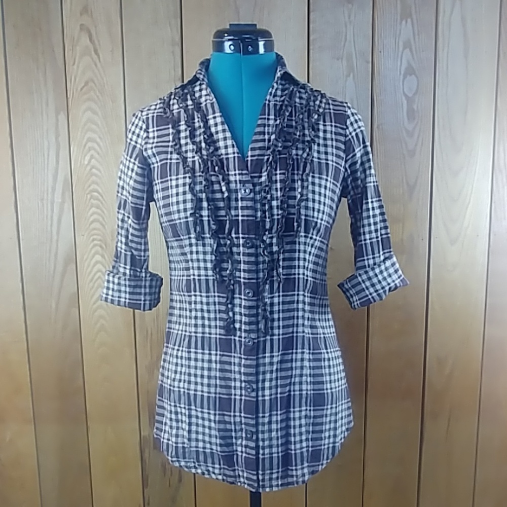 L.e.i. Brown Tartan Plaid Western Button Down Shirt size m